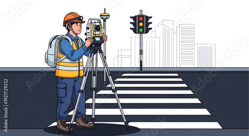 Civil Engineer Surveying with Total Station and GPS Pole on Road,  A vector illustration of a young civil engineer using a total station instrument on a tripod, with a GPS rover pole standing nearby, 
