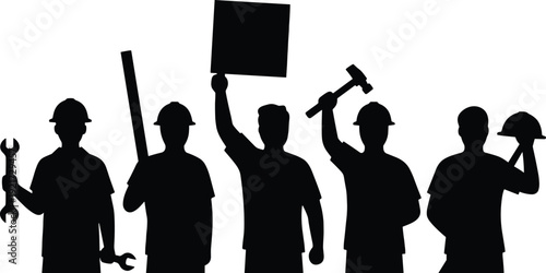 Construction Worker Silhouettes Holding Tools and Protest Sign Isolated on White Background for Labor and Industry Concept