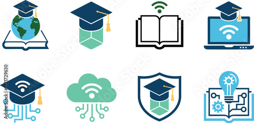 Online education and e-learning icon set, graduation cap and globe symbols, digital learning technology, cloud-based courses, laptop study, Wi-Fi learning, academic innovation shield