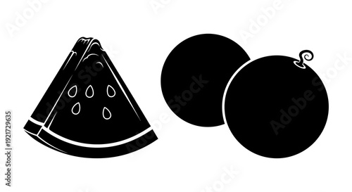 A simple black and white illustration depicts a watermelon slice and two oranges high quality professional