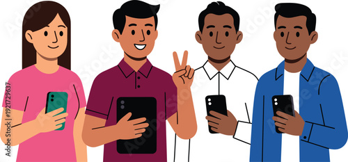 Diverse Young People Holding Smartphones and Tablet Smiling Isolated on White Background for Social Media Communication Concept