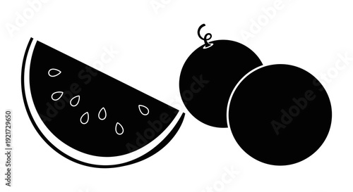 A black and white illustration depicts a watermelon slice and two round citrus fruits high quality