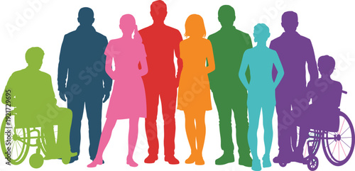 Multicolor inclusive people silhouettes set featuring diverse adults, children and wheelchair users, community support, accessibility and teamwork icons for web and print vector