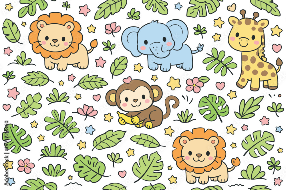 Naklejka premium Happy Jungle Animals and Leaves Seamless Pattern Vector