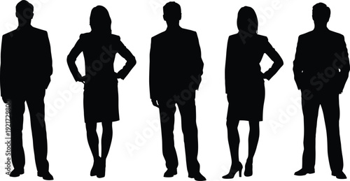 Group of Business Men and Women Silhouettes Standing in Formal Poses Isolated on White Background for Corporate Concept