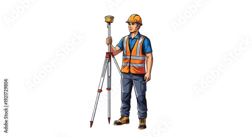 Construction surveyor with GNSS tripod and hard hat illustration,  A vector illustration of a construction surveyor wearing a hard hat and safety vest, standing next to a tripod-mounted GNSS receiver