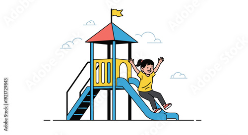 Happy girl sliding down blue slide at outdoor playground