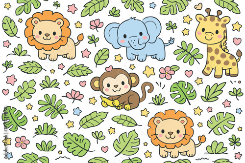 Happy Jungle Animals and Leaves Seamless Pattern Vector
