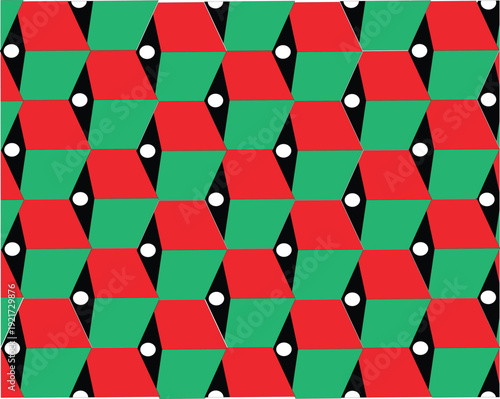 Seamless geometric pattern design featuring red hearts and green squares as a vintage vector illustration for fabric wallpaper texture and retro style decoration