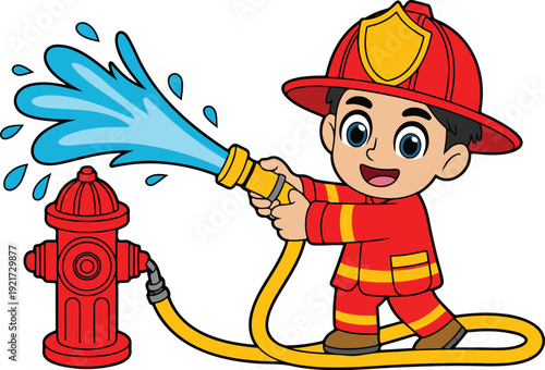 Cute Cartoon Firefighter Kid with Fire Hose Colorful Outline Illustration