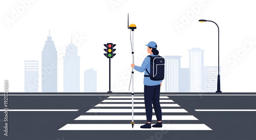 Rear view of female surveyor on city street crosswalk with GPS GNSS Pole, A back-view vector illustration of a female surveyor holding a GNSS pole, standing on a crosswalk facing a modern city skyline