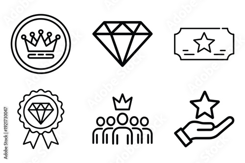 Premium quality and reward line art icon set visually represents excellence and achievement through symbols like crowns, diamonds, tickets, badges, and stars.