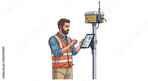 Land surveyor using tablet data collector on GNSS pole,  A vector illustration of a bearded land surveyor wearing a safety vest, actively using a tablet data collector mounted on a high-tech GNSS 