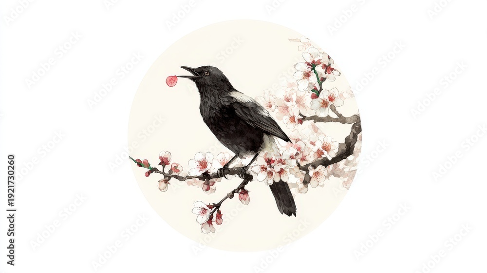 Fototapeta premium Black bird with light pink bloom perched on a flowering branch illustration