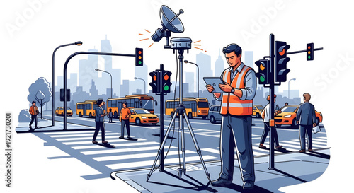 Surveyor with tablet and tripod in busy smart city street,  A detailed vector illustration of a surveyor using a tablet and a tripod-mounted GNSS receiver in a bustling smart city environment