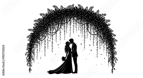 A silhouetted couple shares a kiss beneath a floral archway symbolizing love and commitment high quality