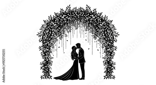 A silhouette of a couple embracing under a floral archway symbolizing love and commitment high quality