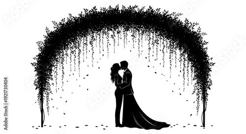 A romantic silhouette of a couple embracing beneath a lush arching floral arrangement high quality professional