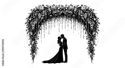 A silhouetted couple embraces beneath a floral archway suggesting a wedding or romantic event high quality