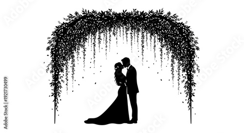 A silhouetted couple embraces beneath a floral archway possibly during a wedding ceremony high quality professional