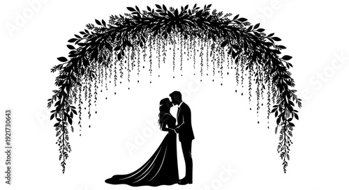 A silhouetted couple kissing under a floral archway symbolizing love and commitment high quality professional detailed