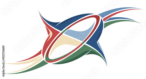 Dynamic Rugby Ball with National Color Ribbons, Six Nations Championship Inspired Sports Emblem in Modern Flat Vector Style