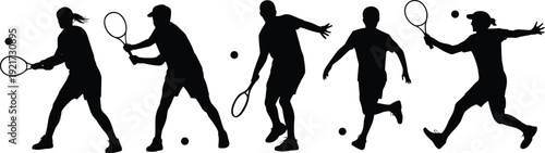 Vector illustration of tennis silhouette collection—symbols for racket, ball, athlete, swing, serve, match, sport, motion, competition, training, and artistic representation