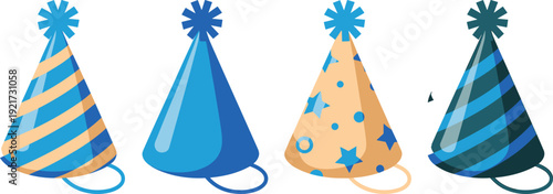 Party hat vector set, colorful cone party caps with pom-poms, striped and patterned celebration accessories, birthday and festive party supplies for events and decorations