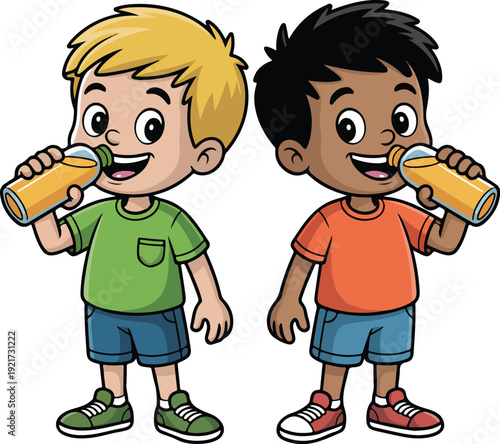 Cute Cartoon Boys Drinking Juice Vector Set  Laughing and Refreshing Poses