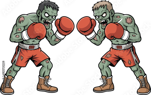 Cartoon Zombie Boxing Vector Set  Red Gloves, Ripped Shorts, Fighting Poses