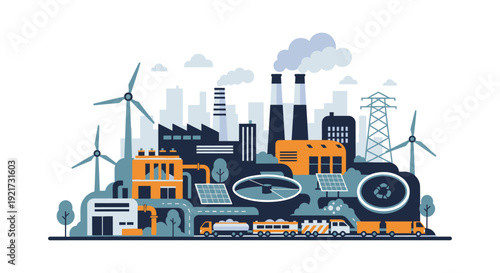 Sustainable Industry Cityscape: Blending Green Energy, Manufacturing, and Infrastructure for a Modern Future