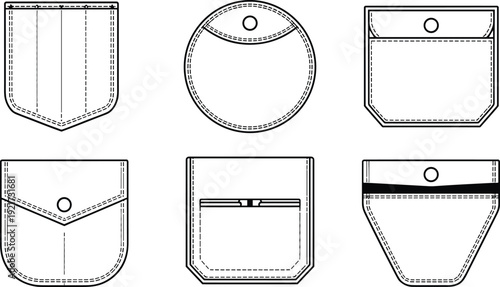 Pocket shapes technical fashion vector set showing multiple front pocket designs, flaps and closures, clean line art templates for garment patterns
