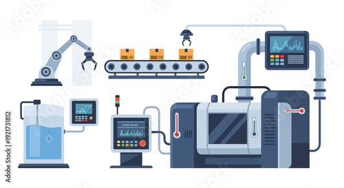 Industrial Automation Line: Robotic Arm, Conveyor Belt, Smart Factory Manufacturing & Process Control Systems