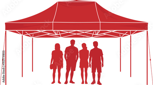 Red canopy tent with people silhouettes vector illustration, outdoor event shelter pavilion structure for festival, market stall, exhibition booth design