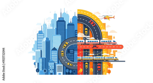 Modern Cityscape and Multi-Modal Transportation Network Illustration: Urban Life & Complex Infrastructure