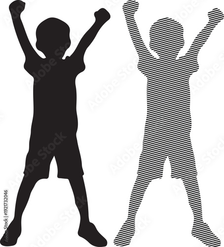 Happy Boy Silhouette Celebrating Victory with Raised Arms Isolated on White Background