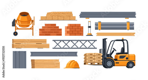 Building & Construction Materials and Equipment Vector Set: Forklift, Cement Mixer, Bricks, Wood, Steel, Safety Gear