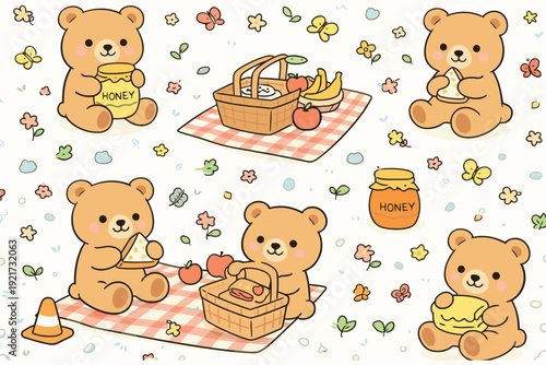 Adorable Kawaii Bears Picnic Pattern