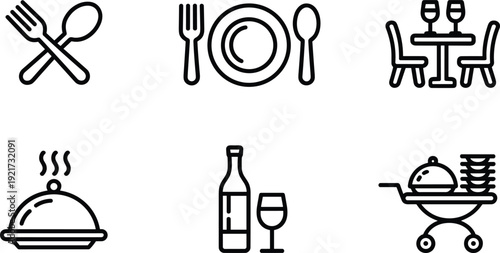 Restaurant and dining line icon set, cutlery, plate, table setting, cloche, wine bottle, food trolley symbols, hospitality and catering vector collection