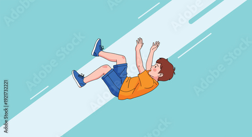 Little boy falling down on light blue background
