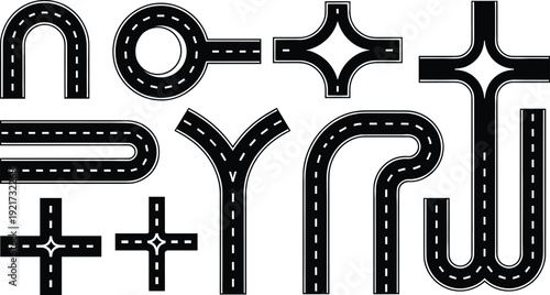 Road intersection and street curve icon set, highway junctions roundabout crossroads, black transport map vector collection isolated