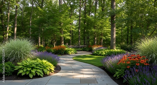 Serene winding stone pathway through a lush garden with vibrant flowers and forest backdrop