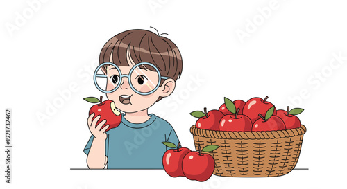 Little boy eating a red apple with a full basket nearby