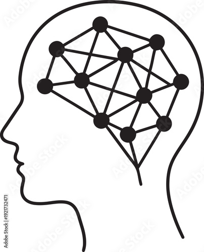 Human head profile silhouette enclosing a digital network representing artificial intelligence mind and complex deep learning structures