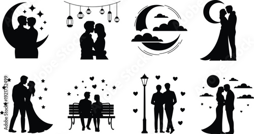 Romantic couple silhouettes set, love scenes under moon and lantern lights, night sky clouds, wedding and dating vector illustrations
