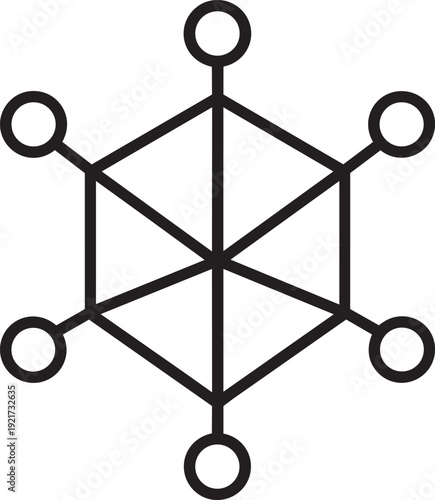 Hexagonal geometric network node line icon illustrating decentralized connection systems and abstract structural data framework concepts