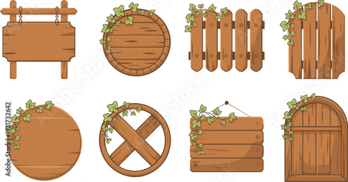 Rustic wooden sign and fence vector set, ivy-decorated plank and round wooden signs, hanging boards, barrel-top and gate elements for garden and tavern signage