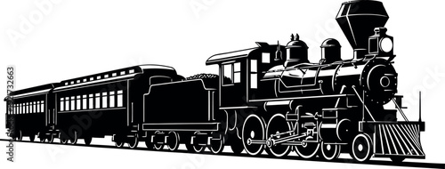 Black and white of vintage steam locomotive train with passenger cars engine