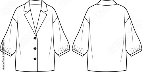 Women’s jacket fashion technical illustration with notched lapel collar, three front buttons, voluminous gathered sleeves, front and back garment design drawing template for apparel construction.