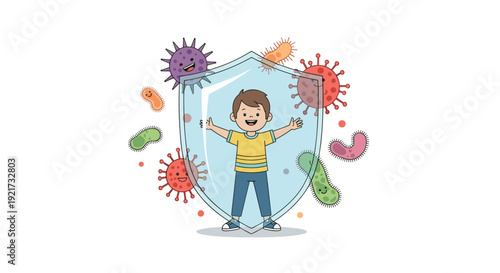 Little boy protected by medical shield from cartoon germs